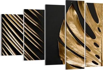 Produktbild von Bild auf Leinwand - Leinwandbild - 5 Teile - Golden Blatt Monstera - 150x100cm - Wand Bild - Wanddeko - Wandbilder - Leinwanddruck - Bilder - Wanddekoration - Leinwand bilder - EG150x100-5028