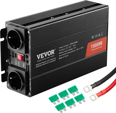 Productafbeelding van Sinusomvormer, 1500 W, DC 12 V naar AC 230 V, met 2 AC-stopcontacten, 2 USB-poorten, 1 Type-C poort en 6 reservezekeringen, geschikt voor kleine huishoudelijke apparaten zoals smartphones en laptops