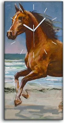 Produktbild von Wanduhr Uhr Wandbild Leinwand 30x60 Gemälde Strand Küste Pferd Meer Wellen - weiße Hände