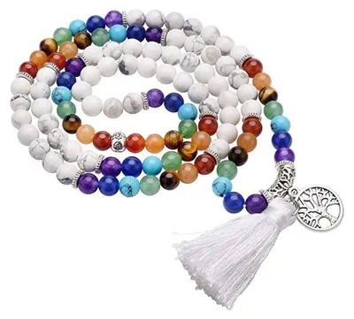 Produktbild von Mala "Chakra Lebensbaum" 108 Howlith- und Chakra Edelsteine mit Metall AC771