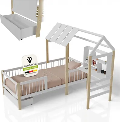 Produktbild von Juskys Kinderbett Yari 90x200 cm - Integrierter Schreibtisch, Praktische Schublade, Massiver Kieferrahmen - weiß/natur