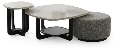 Obrázek produktu pro Sada pohovky, křeslo, konferenční stolek, taburet, boční stolek. Moderní, šedá, elegantní,