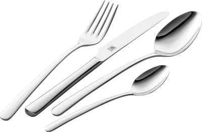 A set of cutlery, including a fork, knife, and two spoons, is arranged diagonally on a white background.