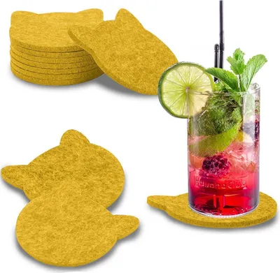 Produktbild von wortek Filz Untersetzer - Deko Tischset I Filzdeckel für Getränke, Tassen, Bar & Tisch, 8er Set I 10cm I Katzenform, Gelb