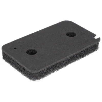 A black foam filter with two circular holes and a small circular indentation.