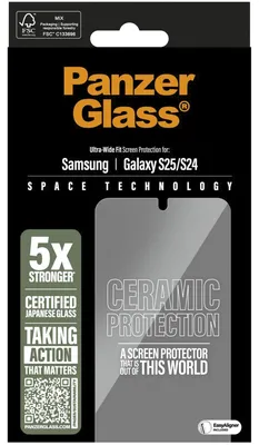 Produktbild von PanzerGlass ® Ceramic Displayschutz Samsung Galaxy S25 | S24 | Ultra-Wide Fit m. EasyAligner, Samsung, Samsung - Galaxy S25, Samsung - Galaxy S24 5G, Trockene Anwendung, Kratzresistent, Schockresistent, Transparent, 1 Stück(e)