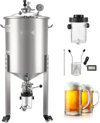 Zdjęcie produktu dla Zbiornik fermentacyjny ze stali nierdzewnej – stożkowy fermentator o pojemności 60 l – do fermentacji wina i piwa – z termometrem – z pokrywą i uchwytami do przenoszenia – z 3 kółkami skrętnymi – do domowego warzenia piwa