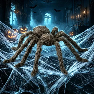 Produktbild von Halloween Deko Spinnennetz mit 20 Spinnen & 75 cm Riesenspinne, 100g Leuchtendes Spinnenweben Netz, Gruseldeko für Halloween Party, Garten, Tür, Fenster, Spukhaus und Innen Außen Dekoration (Braun)