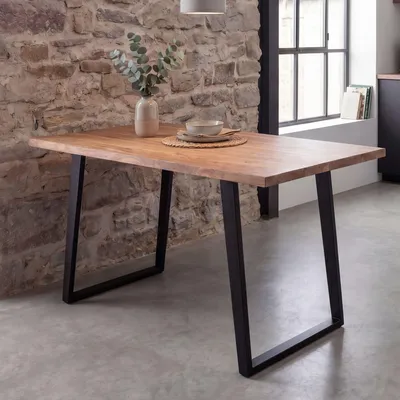 Image de FineBuy Table de salle à manger 120 cm rectangulaire en bois massif d'acacia bord naturel Table de salle à manger industrielle Table de cuisine massive en bois massif Table à bord naturel Piètement en U Noir