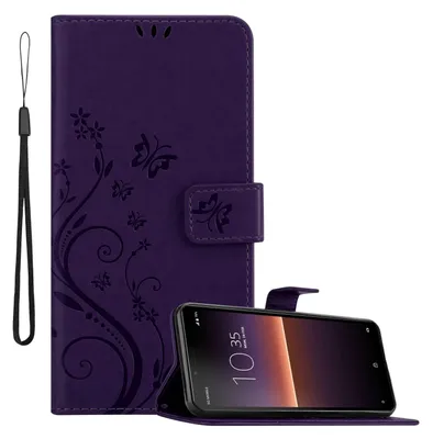 A purple flip case for a Sony Xperia 10 II phone, with a floral design and a black wrist strap, is shown next to the phone it is designed for.