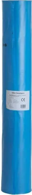 A roll of blue damp-proof membrane, likely for construction or roofing, is shown vertically. A label is attached to the product.