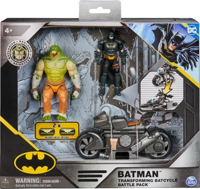 Produktbild von DC Comics , Batman Transforming Batcycle Battle Pack mit besonderen 10cm großen Killer Croc- und Batman-Actionfiguren, Kinderspielzeug für Jungen und Mädchen, Motorrad, 3 Jahr(e), Kunststoff, Schwarz, Grau