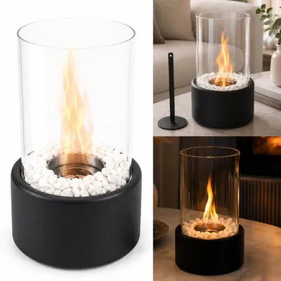 Produktbild von Bioethanol Tischkamin Schwarz 26,5 x 16 cm Mit Glas Und Dekosteinen Für Stimmungsvolles Feuer Ohne Rauch