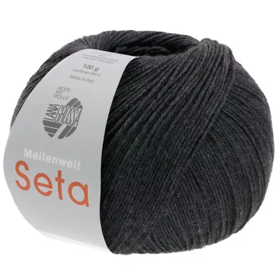 A ball of dark gray yarn with a white label.