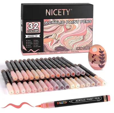 Zdjęcie produktu dla Zestaw 32 markery akrylowe, odcienie skóry, końcówka pędzelkowa 1-5 mm, wodoodporne, do użytku na kamieniach, drewnie, szkle, tkaninach i płótnie