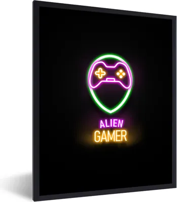 Produktbild von MuchoWow® Gerahmtes Poster Gaming - Zitate - Neon - Alien-Gamer - Controller 30x40 cm - Poster mit Schwarzem Bilderrahmen Wandposter Rahmen Foto Bilder - Wanddeko - Kunstdrucke