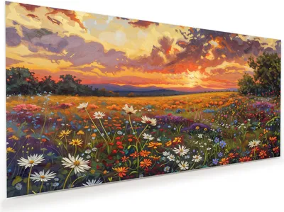 Produktbild von Glasbild 120x60cm in XXL für Wohnzimmer, Schlafzimmer Motiv Blumenwiese Sonnenuntergang