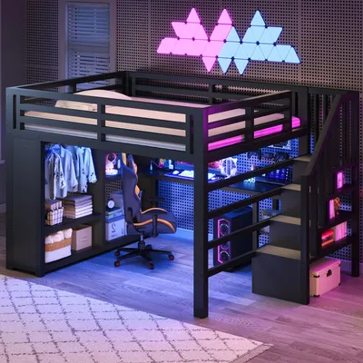 Immagine prodotto di Letto a castello in metallo MODFU, 160x200, per adolescenti, con LED e scrivania, letto contenitore per bambini con armadio, scaletta e ringhiera di sicurezza, colore nero (senza materasso)