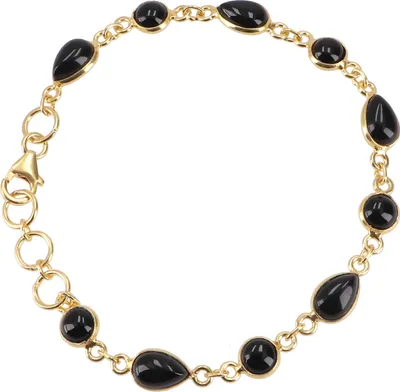 Produktbild von Indisches Boho Armband, Vergoldetes Armband aus Sterling Silber mit Halbedelsteinen - Onyx, Schwarz, SterlingSilber, 20*1 cm, Armreifen & Armbänder aus Silber