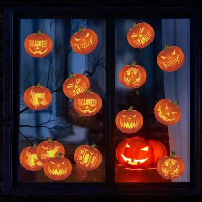 Productafbeelding van Halloween raamstickers, pompoenen, 10 stuks, zelfklevend, dubbelzijdig, oranje, 90x30 cm
