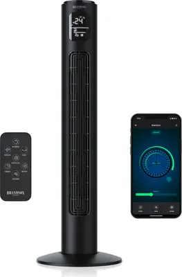 Produktbild von Brandson Turmventilator mit Fernbedienung, WiFi, ECO DC-Motor 35W, App-Steuerung/Sprachbefehl, Timer, Oszillation, Preisträger 2025, extrem leise, 12 Geschwindigkeitsstufen,