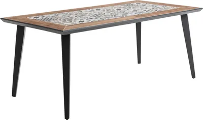 A rectangular outdoor dining table with a tiled top and dark gray metal legs, shown against a white background.