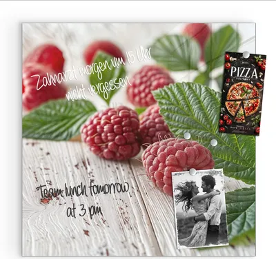 Produktbild von Magnettafel 50x50cm Pinnwand Whiteboard beschreibbar - Himbeeren Holztisch