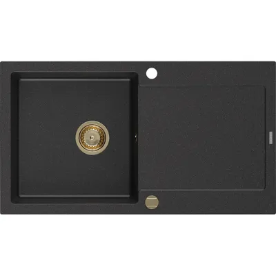 Obrázek produktu pro Mexen Leo 1-miskový granitový dřez s odkapávačem 900 x 500 mm, Černá/Stříbrná kovová, sifon Zlatá - 6501901010-73-G