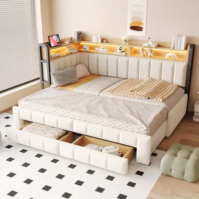 Immagine prodotto di Letto imbottito MODFU, modello divano letto, dimensioni 90/180x200 cm, con struttura estraibile, adatto per ragazzi o come letto matrimoniale, con illuminazione LED e cassetti, rivestito in velluto, colore beige (senza materasso)