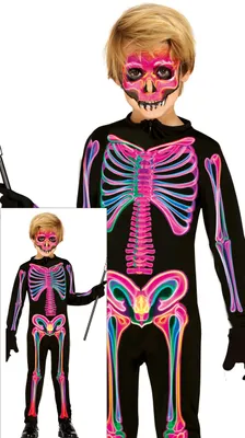 Productafbeelding van Skelet Halloween kostuum voor kinderen, carnaval, neon kleuren, feestoutfit, cool en griezelig. Maat: 140/146. Kleur: Meerkleurig