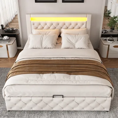 A bedroom scene with a bed as the main focus.