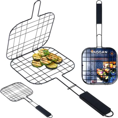 Produktbild von Vaggan Grillrost Grillkorb Grillgitter zum Grillen von Burgern aus Metall schwarz antihaftbeschichtet 49x21,1 cm