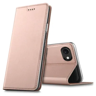 A rose gold flip case for a smartphone is shown, with the phone partially inserted into the case.