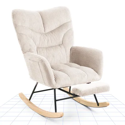 Produktbild von FLEXISPOT Schaukelstuhl Schaukelsessel hohe Rückenlehne & Fußstütze, Moderner Relaxsessel mit Holzkufen, gepolstert für Wohnzimmer, bis 120 kg Weiß