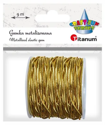 A spool of gold elastic cord on a white background with packaging details above.