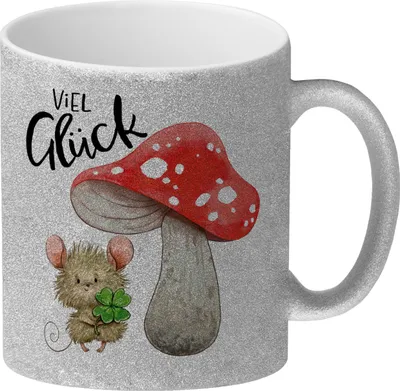 Produktbild von Maus mit Fliegenpilz Glitzer-Kaffeebecher mit Spruch Viel Glück