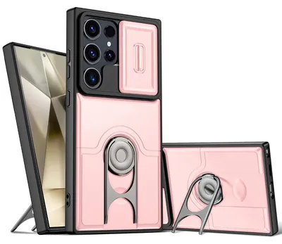 Image de Coque de téléphone pour Samsung Galaxy S24 Ultra avec protection pour l'appareil photo et anneau de fixation/support, coque hybride antichoc, rose