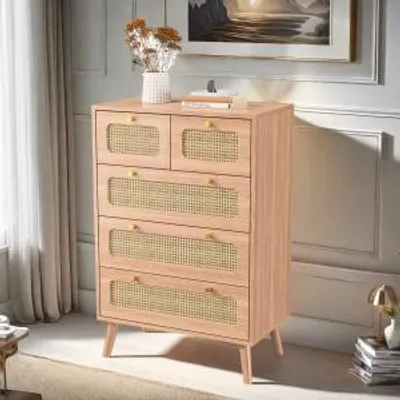 Obrázek produktu pro UnboxG komoda příborník s 5 zásuvkami pracovní deska úložná skříňka v boho stylu zásuvková skříňka do obývacího pokoje ložnice předsíň 60 x 24 x 91 cm