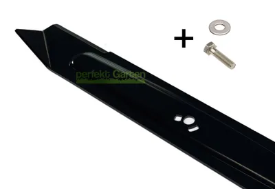 A black lawnmower blade with a bolt and washer.