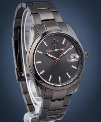 A close-up studio shot of a men's wristwatch.