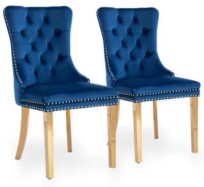 Image de Ensemble de deux chaises de salle à manger en velours, avec un dossier haut et une structure en bois d'hévéa finition dorée, couleur bleue