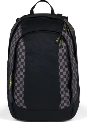 A black backpack with a checkered pattern on the sides.