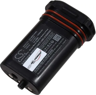 A black battery pack with red O-rings, lying on a white background.