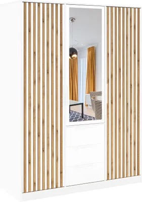 Produktbild von Trzydrzwiowa Szafa Baro, Szafa z szufladami, Pojemna Szafa, Szafa do sypialni, Szafa z drążkiem na ubrania, Biała Szafa z lamelami 149x57,5x200 cm