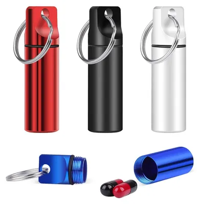 Produktbild von Pillendose Medikamentendose Tablettenbox - Wasserdicht - Aluminium - Mit Schlüsselanhänger - 4 Stück