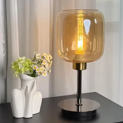 Immagine prodotto di Lampada da tavolo industriale decorazione luce E27 lampada da comodino metallo+vetro 3000K luce calda 5W lampada da lettura lampada da tavolo colore caramello 450lm