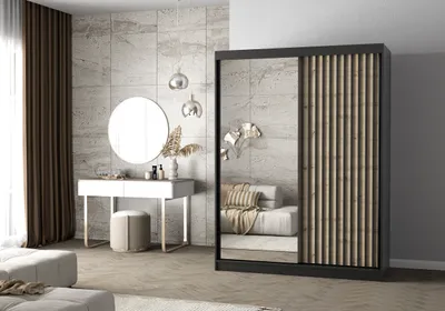 Produktbild von Easy4You Lami I Schwarz/Artisan Schiebetürenschrank Kleiderschrank 150x200x61 cm mit Spiegel - Schlafzimmermöbel, Aufbewahrung – Mehrzweckschrank mit Kleiderstange und Lamellen