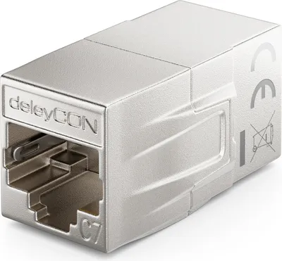 Produktbild von deleyCON CAT 7 Kupplung Verbinder Adapter Metall Patchkabel LAN DSL Ethernet RJ45 Verlängerung 2x RJ45 Buchse 600 MHz 10Gbps Silber