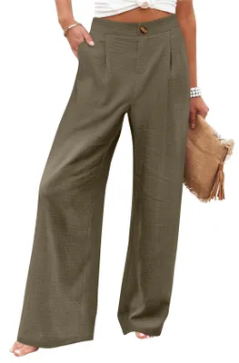 Produktbild von ASKSA Damen Weite Bein Hose Hohe Taille Leichte Sommerhose Palazzo Baggy Casual Freizeithose mit Taschen Armeegruen S