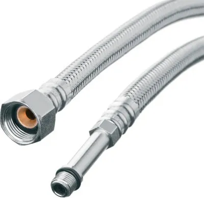 A close-up studio shot of a flexible braided metal hose with connectors on both ends, against a white background.